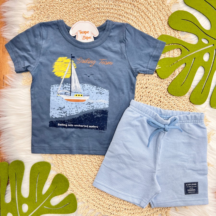 Conj. Camiseta Sailing Team e Bermuda - Azul Petróleo 